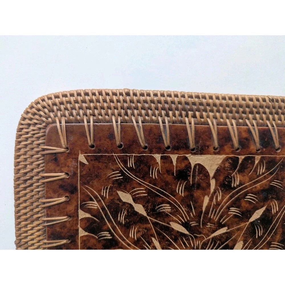 Vintage Pier 1 Trivet w/ Woven Edged Etchewd Coaster Back Feet 10x10